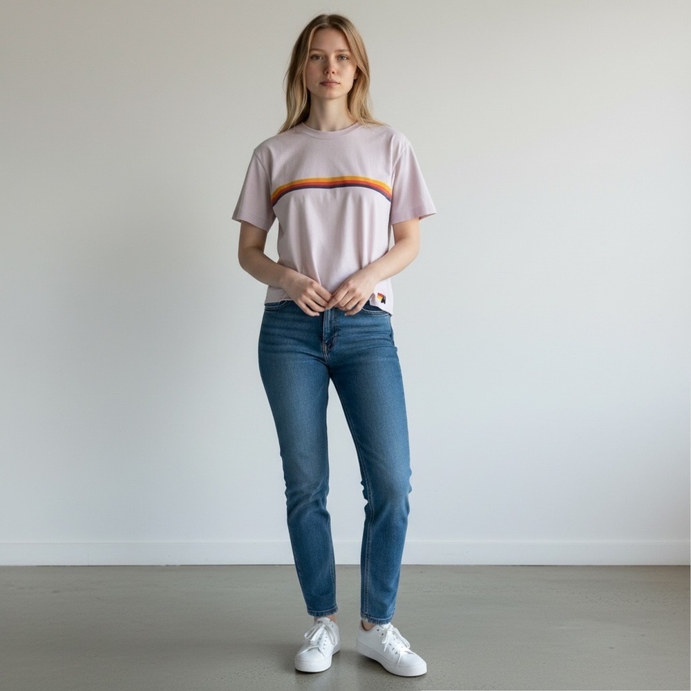 Aviator Nation Pale Purplish Pink Crop Top with Rainbow Stripe
